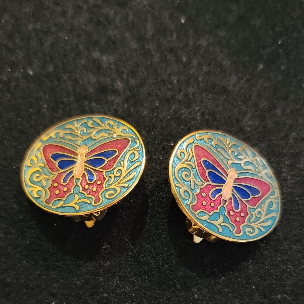 Cloisonne BUTTERFLY Clip Earrings